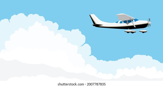 Small Single Engine Airplane Cessna Flying In Blue Sky With Clouds. Vector