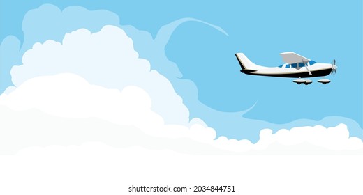 Small Single Engine Airplane Cessna Flying In Blue Sky With Clouds. Vector