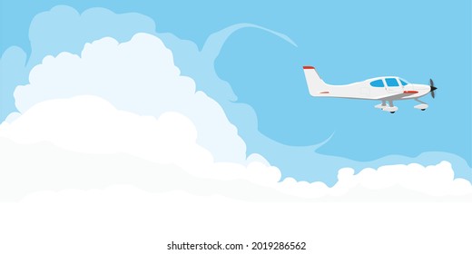 Small single engine airplane flying in blue sky with clouds. Vector