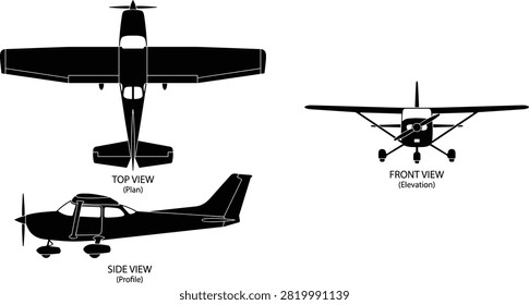 Small Single Engine Airplane Vector Illustration Showing Top, Side, and Front Views in Black Silhouette.eps