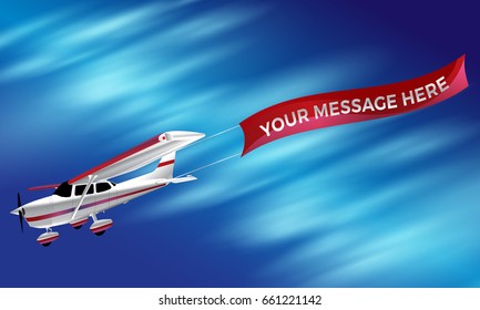 Small Single Engine White Propeller Airplane Dragging An Advertising Banner