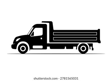 Small single-axle dump truck icon. Black silhouette. Side view. Vector simple flat graphic illustration. Isolated object on a white background.