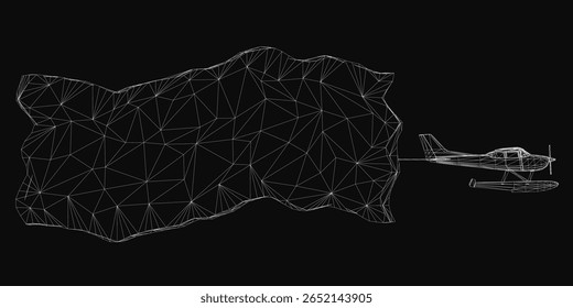 A small single-engine wireframe plane towing a banner flies over a black and white vector map of Iceland. White outline illustration on dark background with clean minimalist style and abstract.