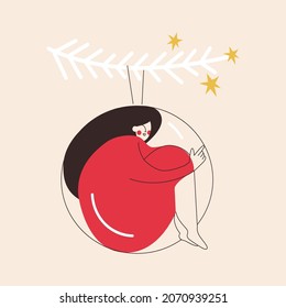 Small sitting woman character in big Christmas glass ball. Girl sit inside big bauble hanged on christmas tree branch. Alone holidays or self care, love, acceptance concept. Closed female character