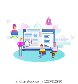 Small Size People are Realize the  Idea of  Cohesive Teamwork in the Startup. Men and Women are Launching New Business near Big Laptop. Vector Illustration Square Format. Isolated on White Background.