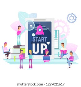 Small Size People are Realize the  Idea of  Cohesive Teamwork. Men and Women are Launching New Business near Big Smartphone.  Vector Illustration Square Format. Isolated on White Background.