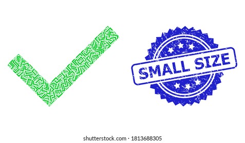 Small Size unclean stamp seal and vector recursion composition yes tick. Blue stamp seal contains Small Size tag inside rosette. Vector collage is done of randomized rotated yes tick items.
