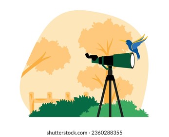 Small sized bird perched on a monocular lens, bird watching in the forest vector illustration.