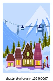 Small ski resort. Vector illustration of ski resort and mountain Nature. Vector file is EPS8, all elements are grouped.
