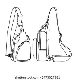 Bolso de la honda Pequeña para las mujeres Mochila de la honda del cuerpo cruzado para el arte de la línea de viaje, ilustración del garabato del Vector del contorno vista delantera y lateral, aislada en el fondo blanco