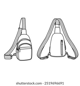 Pequeño bolso de la honda para las mujeres de la cruz del cuerpo del bolso del pecho de la honda para el arte de la línea del viaje. Vector de la ilustración del doodle del contorno vista delantera y posterior. Aislado en un fondo blanco