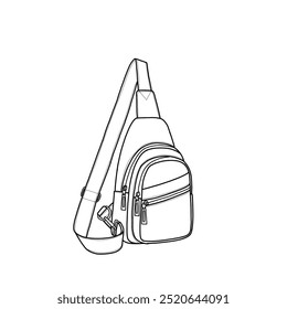 Pequeño bolso de la honda para las mujeres de la cruz del cuerpo del bolso del pecho de la honda para el arte de la línea del viaje. Vector de la ilustración del doodle del contorno vista frontal y lateral. Aislado en un fondo blanco