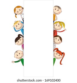 Small and smile boys and girls with banner