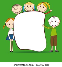 Small and smile boys and girls with banner