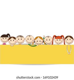 Small and smile boys and girls with banner