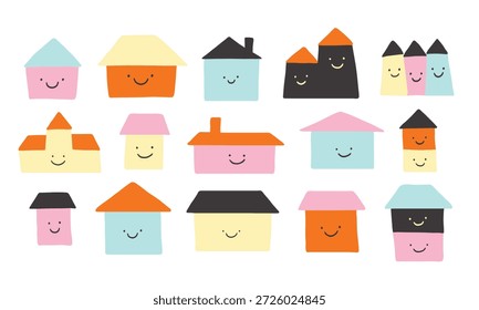 Pequenas casas sorridentes. Casa minúscula com rosto, ilustração, sinal, impressão, adesivo, logotipo. Imobiliário, venda, limpeza, seguro. Estilo moderno simples e plano. Casa pequena, conceito de casa. Cores coloridas brilhantes.