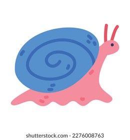 Pequeño caracol con cubierta de espiral azul como ilustración vectorial de insectos en el jardín