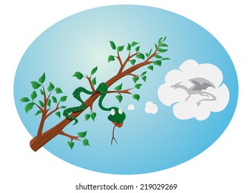 Small snake lies on a branch and dreams to fly like a dragon.