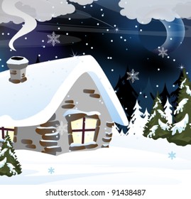 Small snowbound cabin in the winter forest. Night rural landscape