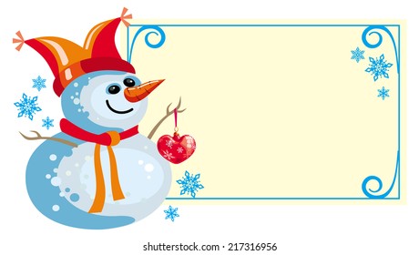 Small snowman in funny red hat near the horizontal frame with free space for your greeting text