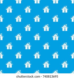 Small snowy cottage pattern repeat seamless in blue color for any design. Vector geometric illustration