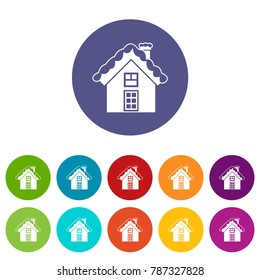 Small snowy cottage set icons in different colors isolated on white background