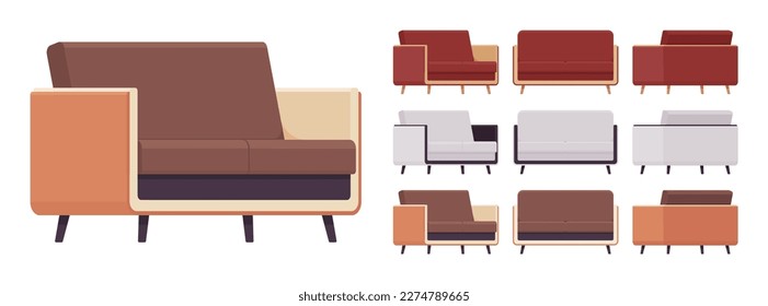 Small sofa furniture big set. Day break loveseat cozy space in apartment, dorm room, loft living contemporary seating couch Vector flat style cartoon home, business articles isolated, white background