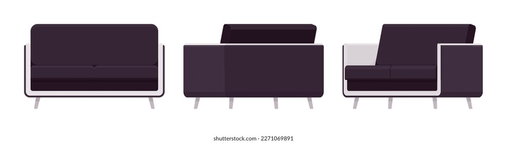 Small sofa furniture black set. Day break loveseat cozy space in apartment, dorm room, loft living nice seating couch Vector flat style cartoon home, business articles isolated on white background