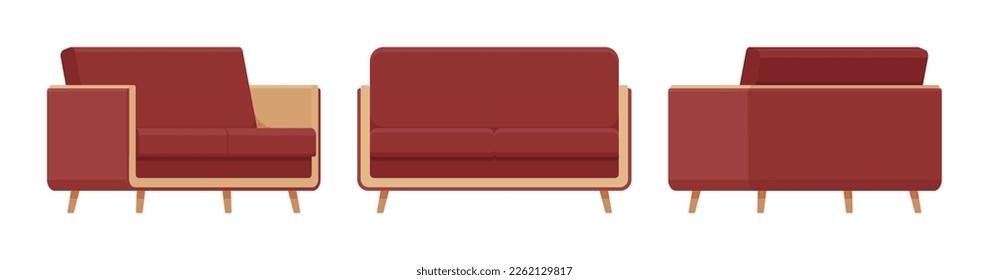 Small sofa furniture brown set. Day break loveseat cozy space in apartment, dorm room, loft living nice seating couch Vector flat style cartoon home, business articles isolated on white background