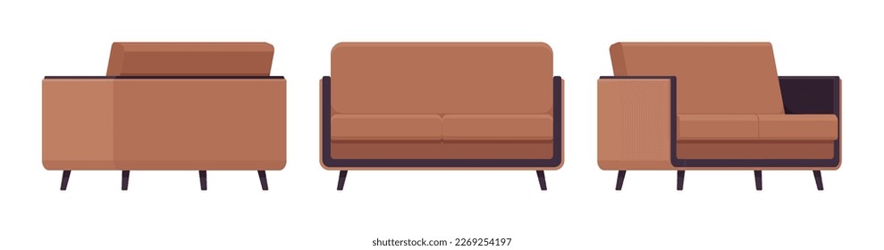 Small sofa furniture brown set. Day break loveseat cozy space in apartment, dorm room, loft living nice seating couch Vector flat style cartoon home, business articles isolated on white background
