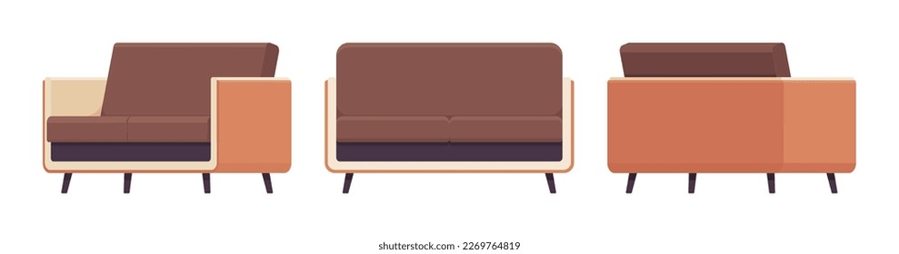 Small sofa furniture brown set. Day break loveseat cozy space in apartment, dorm room, loft living nice seating couch Vector flat style cartoon home, business articles isolated on white background