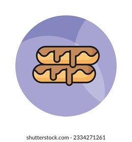 A small, soft, log shaped pastry filled with chocolate, modern flat eclair icon