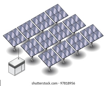 A small solar farm with 12 clusters of solar panels and a control/junction box.