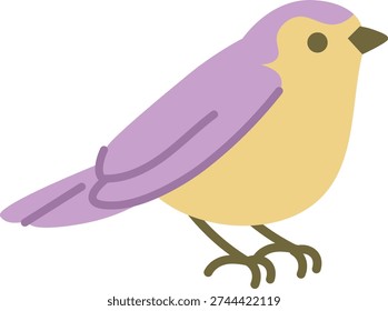 Small songbird standing in profile with rounded body, short beak, and smooth wing shapes. Symbol of freedom, spring, and nature harmony for branding and education. Cartoon vector illustration.