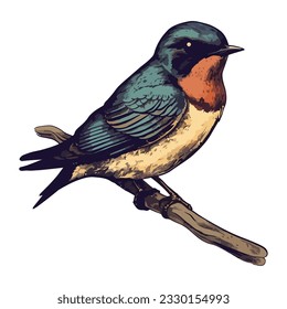 Small sparrow perching on branch, nature art icon isolated