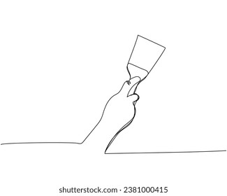 Small spatula for plaster in hand one line art. Continuous line drawing of repair, professional, hand, people, concept, support, maintenance.