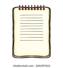 Small spiral opened notebook, isolated on white background. Hand drawn illustration equipment for education. Art College supplies