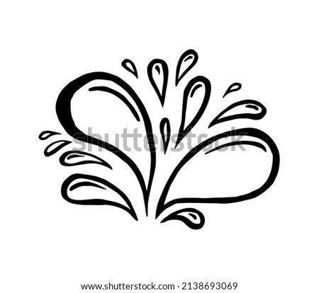 A lot of small spray and droplets. Contour water drop icon. Hand drawn cartoon illustration of aqua. Symbol of splashing liquid in doodle style. Isolated outline vector image on white background.