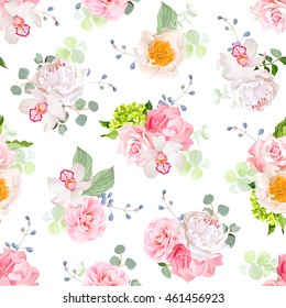 Small spring bouquets of rose, peony, camellia, orchid, carnation, hydrangea, blue berries and eucalyptus leaves. Seamless vector print on white background.