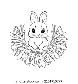 Small spring Easter bunny drawn with a single line, surrounded by snowdrop flowers, a wreath of flowers around the rabbit, a drawn line graphic highlighted on a white background for printing coloring 