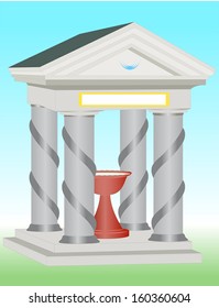 Small spring of healing water in the fountain, protected building with columns and roof. The columns are decorated with spiral and the roof is stylized spring and below the box name.