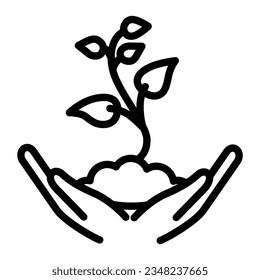 Small sprout with first leaves in soil in caring hands line icon, gardening concept, seedling sign on white background, Human palms hold plant icon outline style. Vector graphics.
