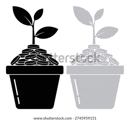 Small sprout growing from coin pile, botanical financial symbol, savings prosperity icon