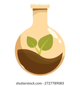 Pequeño brote que crece dentro de un matraz de ciencia lleno de tierra, que representa la investigación y el desarrollo de la biotecnología