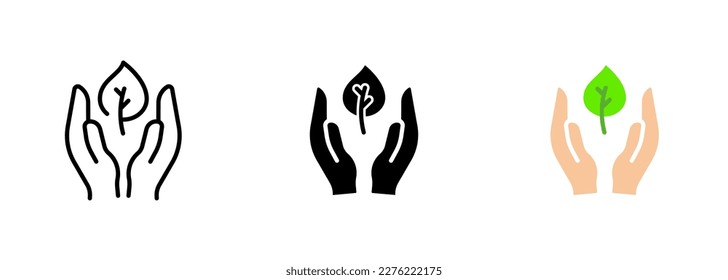 A small sprout held delicately in the hands, representing growth, renewal, and the potential for new beginnings. Vector set of icons in line, black and colorful styles isolated.