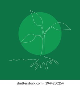 un pequeño brote con hojas en una sola línea blanca sobre un fondo verde. Elemento de moda para el diseño. Estilo de dibujo de una línea. Arte moderno de una sola línea, contorno estético. Ideal para la decoración en casa 