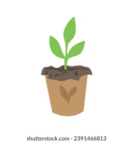Small sprout seedling in a paper cup. Gardening, plant growing and ecology. Organic food. Vector illustration in flat style.