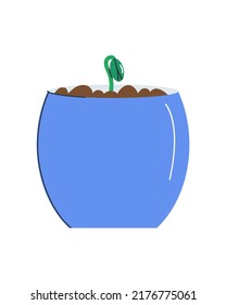 A small sprout sticks out of a large ceramic pot. Isolated on white background.Flat vector illustration. Eps10