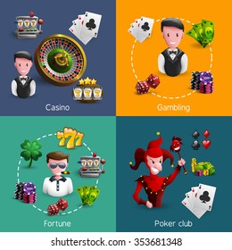 Small square 2x2 banners set of specific casino caracters with few spatial icons each cartoon vector illustration
