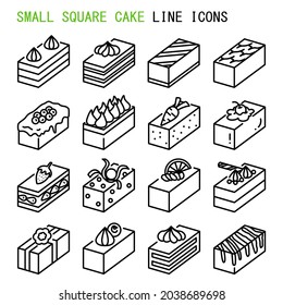 Iconos de la línea de la torta cuadrada pequeña, conjunto de íconos de la línea de señalización de la torta cuadrada simple, iconos de la línea de dibujos animados, ilustración vectorial, trozo de iconos de línea relacionados con la torta cuadrada pequeña 